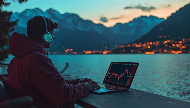A trader finding tranquility by a serene lakeside while balancing work and nature, embodying the spirit of a Trader Nomad.