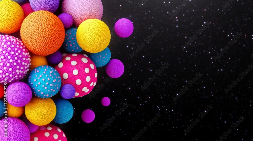 Poster colorful image of many different colored balls, some of which are polka dot balls. the image is a co