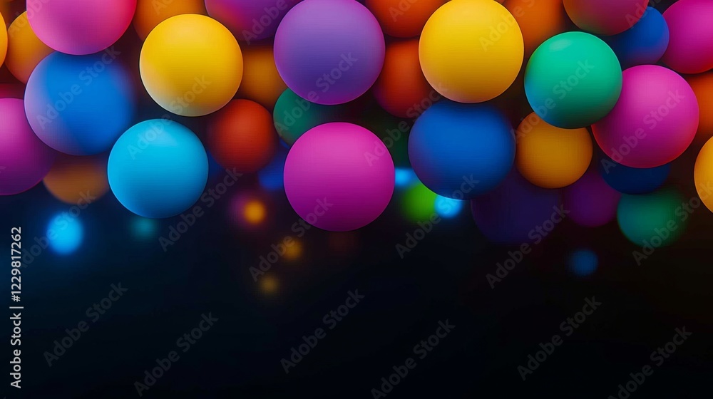 Poster colorful image of many different colored balls. the balls are scattered all over the image, with som