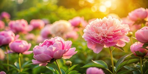 Fototapeta premium Soft focus on a field of pink peonies with delicate petals and lush green foliage, set against a warm golden light background, spring flowers, garden background