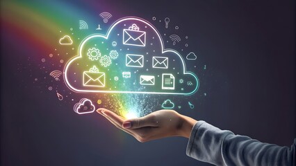 Obraz premium Hand Gesture Displaying Digital Cloud Concept with Colorful Icons