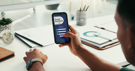 Phone, screen and person with insurance for travel, security and policy on mobile app. Professional, office and hands of worker on smartphone for online application, flight benefits and protection