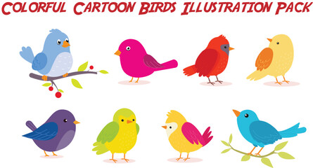 Colorful Cartoon Birds Illustration Pack Bright and cheerful cartoon birds in various poses.