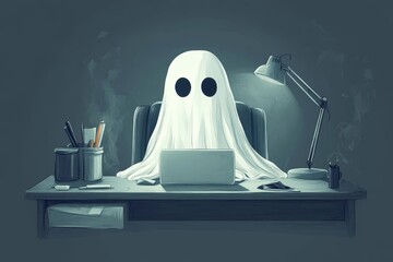 a ghost working on a laptop at their desk with a lamp beside them.  The ghost is wearing a white sheet and has two black eyes. It appears to be working late at night 