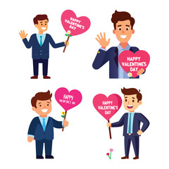 Four cartoon businessmen in suits, each holding a large pink heart-shaped Valentine's Day sign, in a celebratory and friendly mood