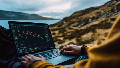 A trader navigating the markets from the comfort of a camper van, embodying the spirit of adventure and financial freedom in a mobile lifestyle as a Trader Nomad.