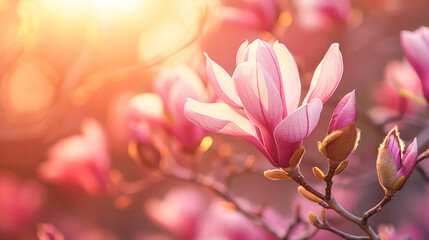 Beautiful close-up of pink magnolia flowers in full bloom, illuminated by warm golden sunlight with a soft blurred background creating a dreamy spring atmosphere.
