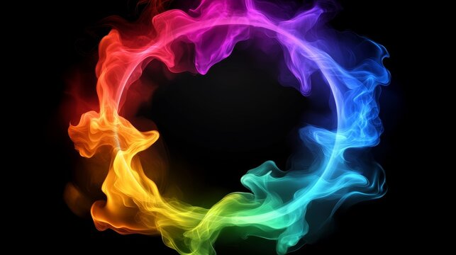 Colorful flame with a rainbow shape. The flame is surrounded by a circle of smoke. Concept of energy and excitement