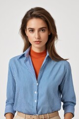 Obraz premium arafed woman in a blue shirt and tan pants posing for a picture