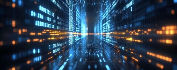 Fototapeta premium an abstract digital tunnel with glowing blue and orange binary code. The tunnel stretches into the distance, creating a sense of mystery and possibility