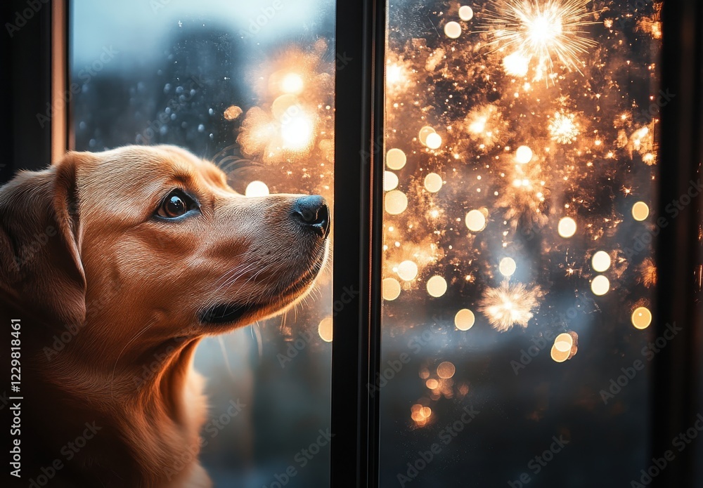 Poster dog looking out of window at beautiful fireworks display with sparkling lights in background during 