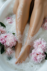 Fototapeta premium closeup serene photo of a woman’s legs submerged in a luxurious bathtub filled with foamy water and decorated with soft pink peonies, the white porcelain tub 