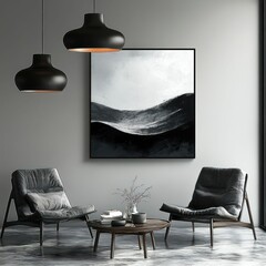 Modern monochrome lounge, stylish chairs, abstract art.