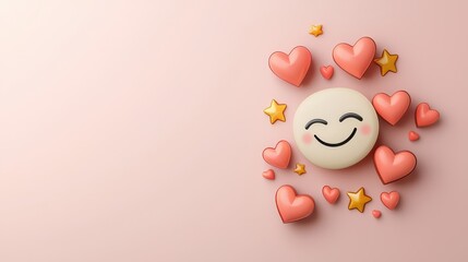 Naklejka premium Cheerful Smile Emoji Surrounded by Hearts and Stars on Soft Pink Background
