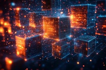Obraz premium Glowing digital cubes connect in vibrant network