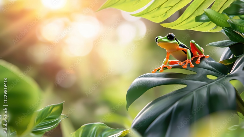 Poster bright frog on leaf in jungle setting with sunlight and bokeh effect in background nature scene