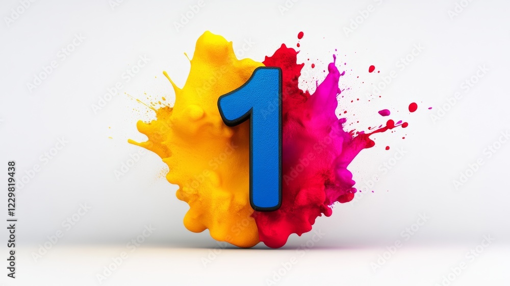 Poster colorful explosion of paint with the number 1 in the middle. the number 1 is surrounded by a splash 