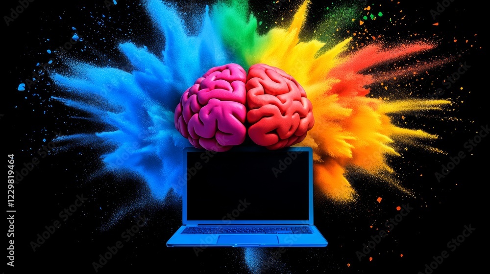 Poster computer monitor is shown with a brain on top of it. the brain is surrounded by colorful sparks, giv