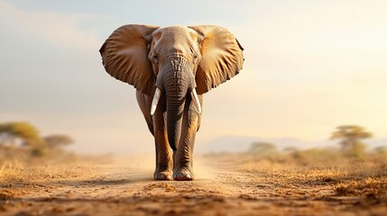 Fototapeta premium Majestic elephant walking on a dusty path during golden hour in the african savanna