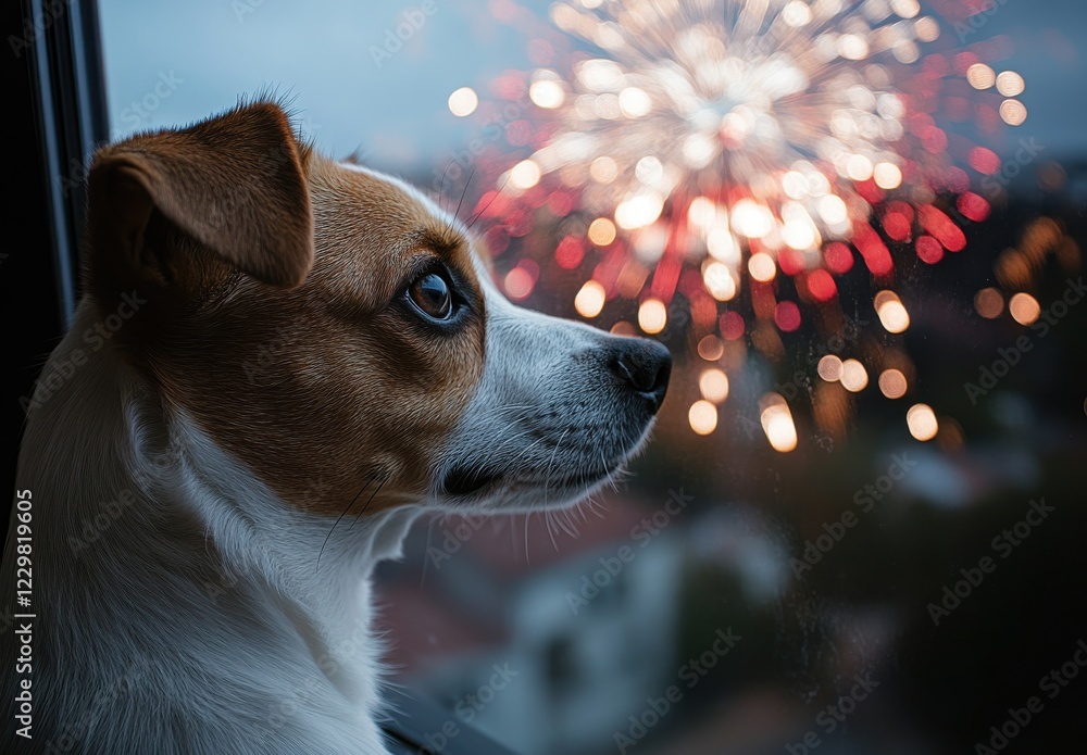 Poster dog watching fireworks display at night from inside a house through a window with colorful explosion