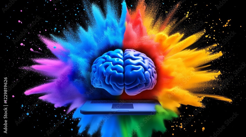 Poster colorful explosion of brain cells is displayed on a laptop. the explosion is made up of different co