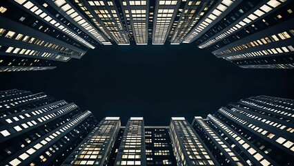 Night cityscape, low angle view of modern skyscrapers with illuminated windows against a dark sky.  A stunning architectural composition.