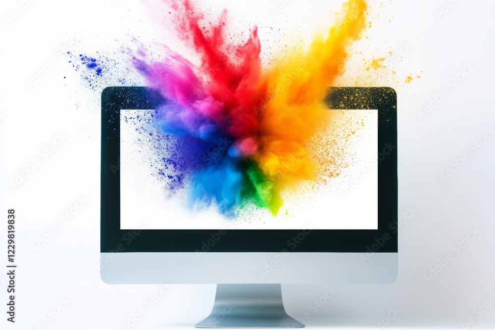 Aufkleber computer monitor with a colorful explosion on the screen. the explosion is made up of different colo