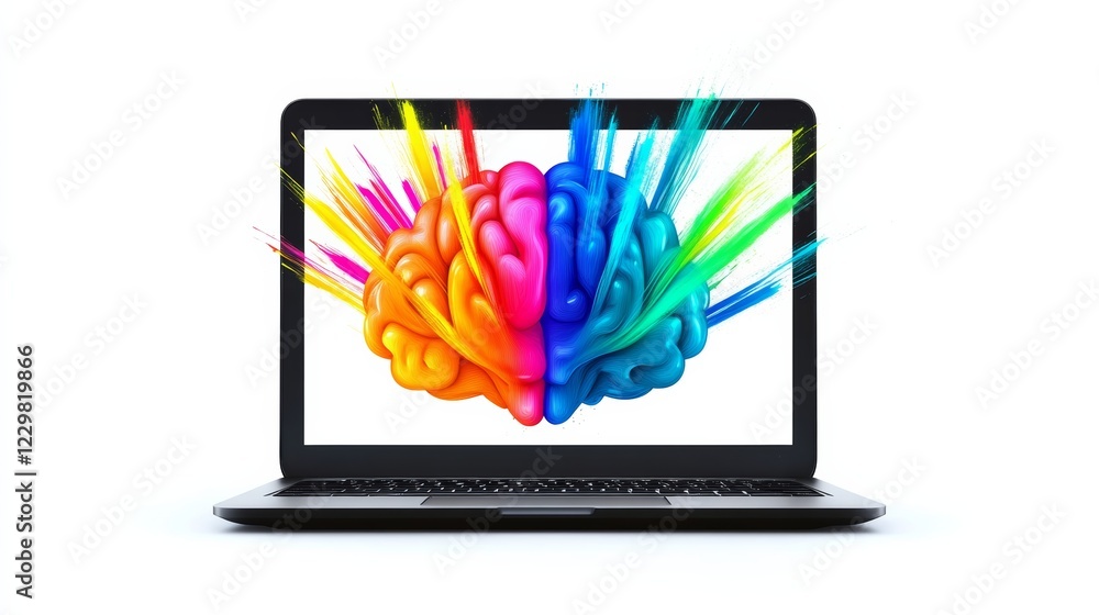 Poster colorful brain is displayed on a laptop screen. concept of creativity and intelligence, as the brain