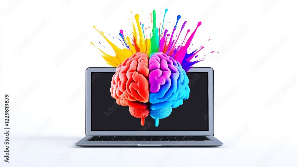 Poster laptop screen shows a colorful brain with a rainbow of colors. concept of creativity and intelligenc