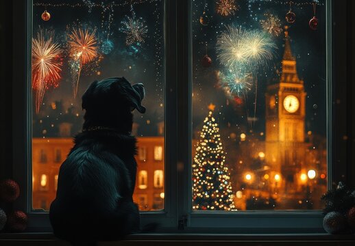 Dog Watching New Year Fireworks Display from Cozy Indoor Window with Christmas Tree and Iconic Big Ben in the Background