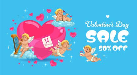 Valentines day sale banner featuring playful cherubs with hearts, clouds, and a large pink heart. Vector coupon or holiday sale 50 percent of deal, creating a festive and engaging and romantic vibe