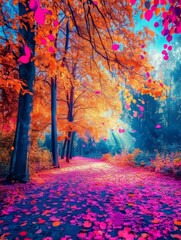 Magical Autumn Path Vibrant Fall Foliage and Sunbeams