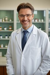 arafed male in a lab coat and tie standing in front of a counter