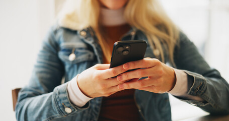 Hands, typing and woman with cellphone, internet and connection with social media. Closeup, person and girl with smartphone, texting and communication with message to contact, digital app or network