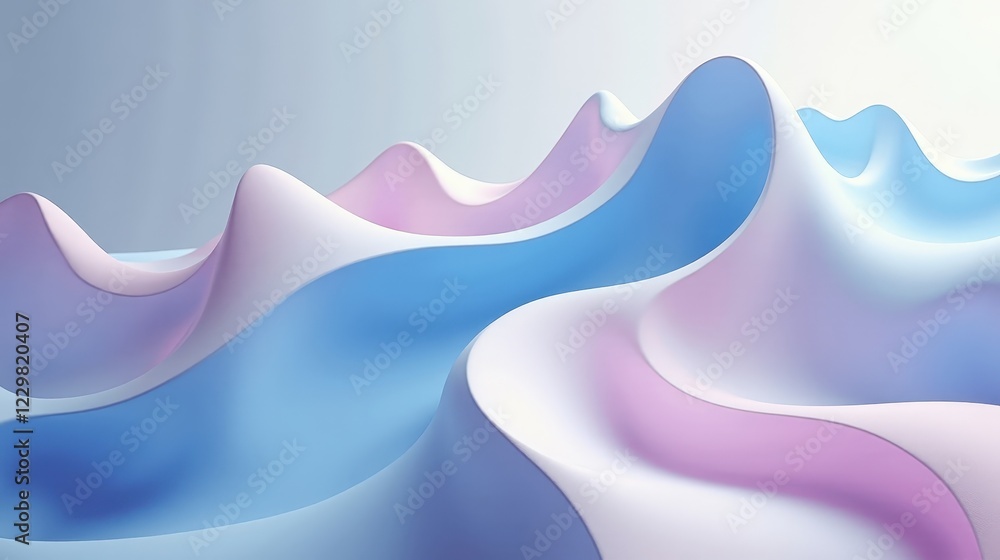 Wall mural A serene non-representational scene with flowing, curved lines in soft pastel shades of blue, white, and lavender, creating a calming effect.