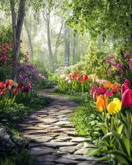 Discover a serene garden path adorned with vibrant tulips and lush greenery inviting peaceful strolls in nature's embrace. Generative AI