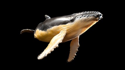 Fototapeta premium Humpback whale isolated on black background showing details of skin and flippers in studio light