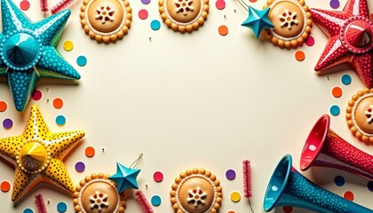 Colorful Purim celebration background with festive decorations.