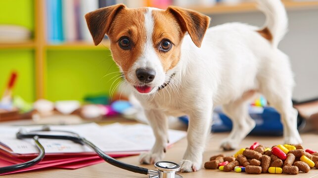 Small jack russell terrier stands on table with stethoscope and pills in veterinary office