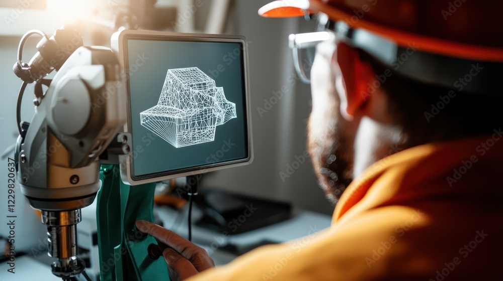 Aufkleber engineer analyzing 3d model on monitor in modern workshop environment