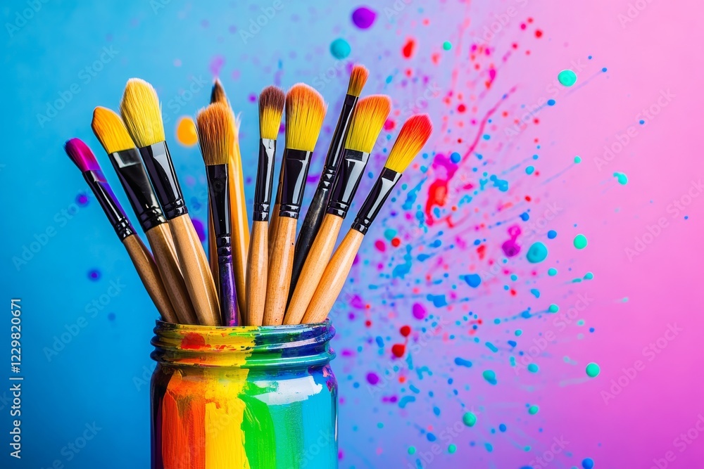 Poster jar of paint brushes with a splash of paint on the background. the brush strokes are colorful and vi