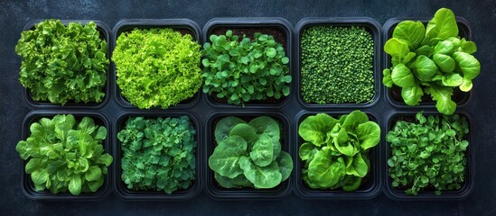 Fresh Green Leafy Vegetables in Black Containers Arranged in Rows on Dark Background for Healthy Eating and Organic Gardening Concepts