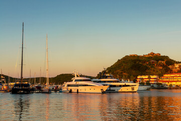 Luxury yachts in the harbor of Marigot in the Caribbean island of Saint Martin (Sint Maarten), French West Indies