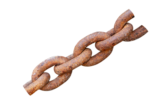 Old rusty yellow, red chain joint texture piled on floor. Perfect for industry and grunge themes. Isolated on cut out PNG or transparent background. For pulling or tightening large and strong objects.
