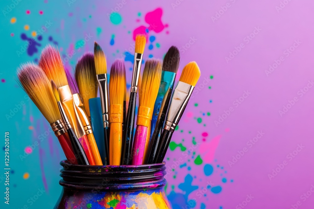 Poster jar full of paintbrushes with a splash of color on the background. the jar is filled with a variety 