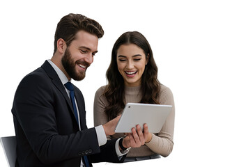 Business colleagues sharing a laugh over a tablet. Male executive and young female employee, isolated