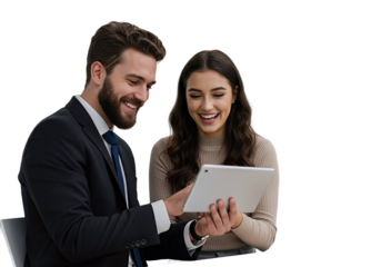 Business colleagues sharing a laugh over a tablet. Male executive and young female employee, isolated