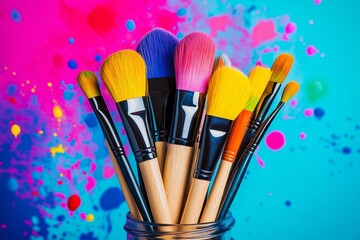 Fototapeta premium Jar of makeup brushes with a colorful background. The brushes are of different colors and sizes, and they are arranged in a way that they look like they are ready to be used