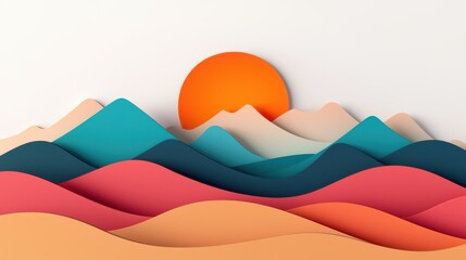 Vibrant Paper Cut Landscape with Rising Sun and Colorful Mountains
