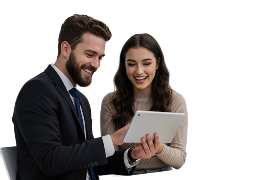 Business colleagues sharing a laugh over a tablet. Male executive and young female employee, isolated